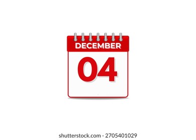 4 Diciembre mes Vector de un solo día, ilustración, calendario con el icono de calendario de fondo de color blanco y negro del 4 de diciembre