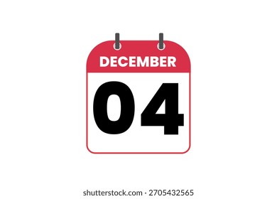 4 Diciembre mes Vector de un solo día, ilustración, calendario con rojo, negro y blanco color de fondo icono de calendario de diciembre 4