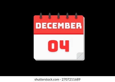 4 Diciembre mes Vector de un solo día, ilustración, calendario con rojo, blanco y blanco marco de fondo de color icono de calendario del 4 de diciembre
