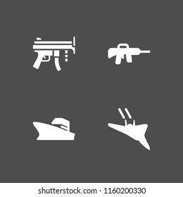 4 defense icons in vector set. warship, gun and military fast plane illustration for web and graphic design