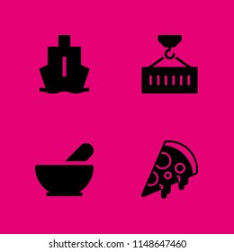 4 delivery icon set with container, pizza and kitchen pack vector illustration for graphic design and web