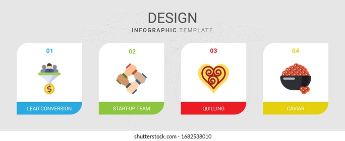 4 design flat icons set isolated on infographic template. Icons set with Lead conversion, start-up team, Quilling, caviar icons.