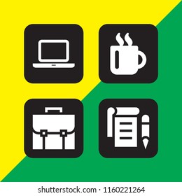 4 desktop icons in vector set. open laptop computer, portfolio, notepad and mug illustration for web and graphic design