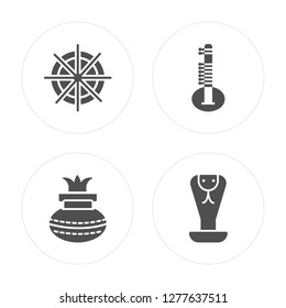 4 Dharma, Kalasha, Sitar, Cobra modern icons on round shapes, vector illustration, eps10, trendy icon set.