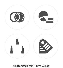 4 Diagrams, Hierarchical structure, Pie chart, Tag modern icons on round shapes, vector illustration, eps10, trendy icon set.
