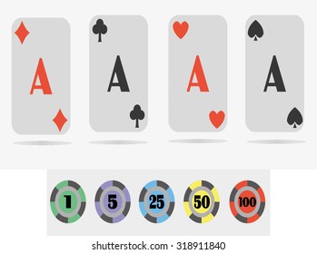 4 different ace and 5 poker chips