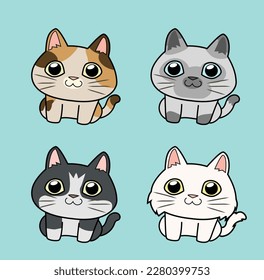 4 different cat cartoon clipart solid color  