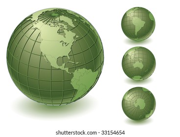 4 different earth views with country borders. Highly detailed. Vector version with separate layers for globe, grid, continents and borders, fully editable.