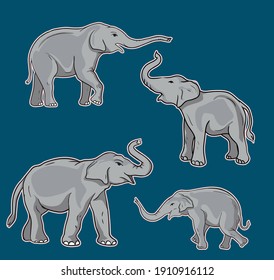 4 different elephants pointing with their trunks in different directions vector illustration