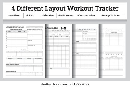 4 verschiedene Layout Workout Tracker oder Innen-Vektorgrafik für Fitness-Tracking