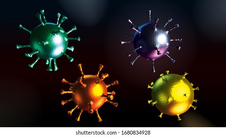 4 different lowpoly style coronavirus presentations for graphically submitting materials about pandemic of the respiratory disease associated with the COVID-2019 virus.