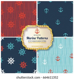 4 different Marine seamless patterns, Ideal for textile, Wallpaper, any surface. Very easy to edit. Vector illustration