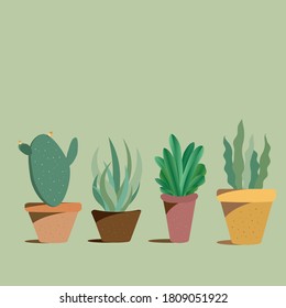 4 different plant in a pot has a leaf, cactus and the other plant in vector style