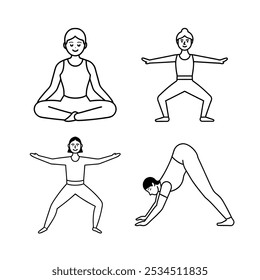 4 verschiedene Posen von Yoga Set Line Art