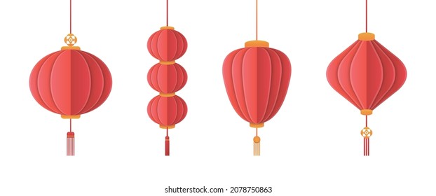 4 different shapes of red lanterns, Chinese New Year or Lantern Festival, decoration for Asian celebrations, cartoon vector