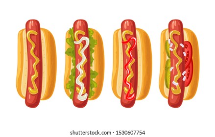 4 different types hotdog with with tomato, ketchup, mayo, leave lettuce, cucumber, mustard, onion. Top view. Vector color flat illustration for poster, menus, web. Icon isolated on white background