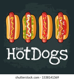 4 different types hotdog with with tomato, ketchup, mayo, leave lettuce, cucumber, mustard, onion. Top view. Vector color flat illustration for poster, menus, web. Icon isolated on dark background.