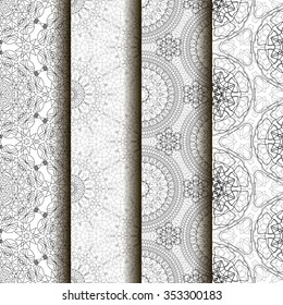 4 different vector seamless patterns. Complicated black and white backgrounds, textures.   Endless texture can be used for wallpaper, pattern fills, web page background,surface textures.