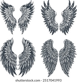 4 diferentes Antiguas Angel Wings Vector Set - Diseño de alas emplumadas dibujado a mano