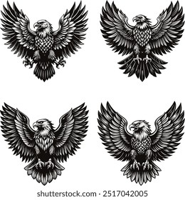 4 different Vintage eagle bird Vector Set - Hand-Drawn Feathered Wings Design