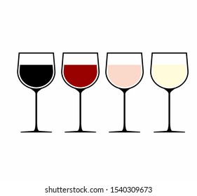 4 different wines in wineglasses, one color per glas wine vector logo, icon or sign. Wine glass with wine for tasting, white , red  and rosé wine. Also a  glas with all black colors.