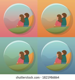 4 different young couples happy sitting on the hillside, background, cartoon comic vector illustration