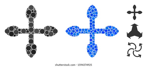 4 direction arrows mosaic of small circles in variable sizes and shades, based on 4 direction arrows icon. Vector filled circles are grouped into blue mosaic.