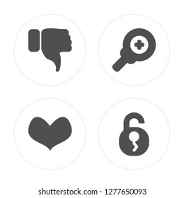 4 Dislike, Heart, Zoom out, Padlock modern icons on round shapes, vector illustration, eps10, trendy icon set.
