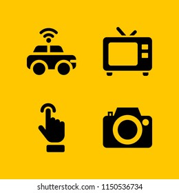 4 display icons in vector set. tv, photo camera, touch screen and driverless car illustration for web and graphic design