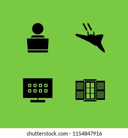 4 display icons in vector set. smart tv, military fast plane, laptop and window illustration for web and graphic design