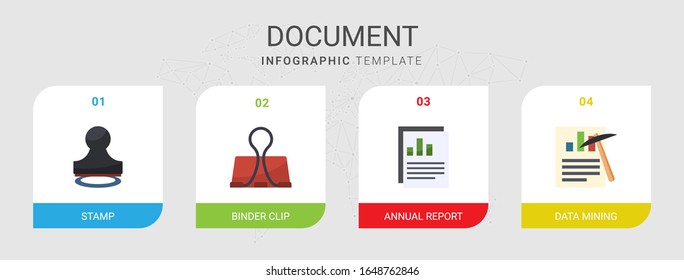 4 document flat icons set isolated on infographic template. Icons set with Stamp, Binder clip, Annual report, Data mining icons.