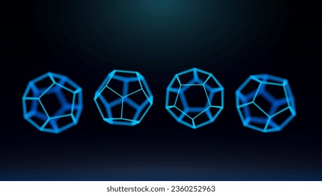 4 dodecahedrons with edges from different angles of view. Depth of field. Visualization of gems or geometric shapes