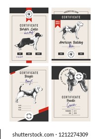 4 dog show certificates with hand drawn dogs. Vector illustration