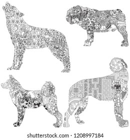 4 dogs decorated with ethnic pattern. Bulldog - English, wolfhound - Irish, akita - Japanese, wolf - Turkish.