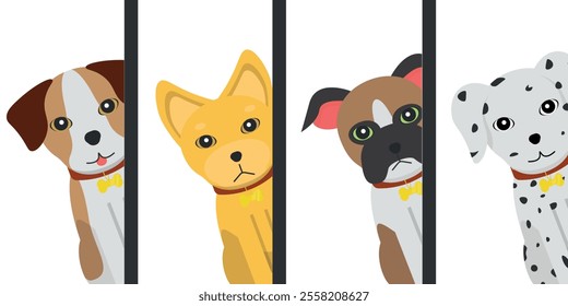 4 Dogs Hiding on the Side Illustrations - Brown White, Pinscher, Bulldog and Dalmatian Dogs. Cartoon in Flat Design.