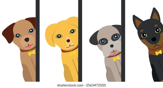 4 Dogs Hiding on the Side Illustrations - Brown, Stray, Pug and Doberman Dogs. Cartoon in Flat Design.