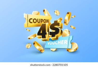 4$ dollar coupon gift voucher, cash back banner special offer. Vector illustration