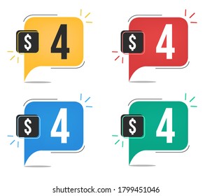 $4 dollar price. Yellow, red, blue and green currency tags. Balloon concept with four dollars sales tag.