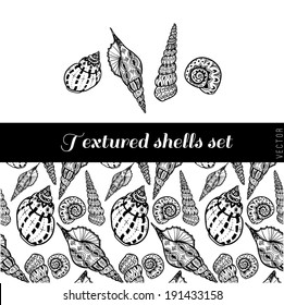 4 doodle seashells and seamless pattern set.
