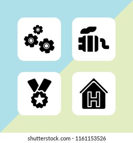 4 double icons in vector set. hostel, science icons, ribbon badge award and exhaust pipe illustration for web and graphic design