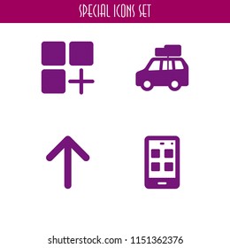 4 download icons in vector set. upload, car with luggage and app illustration for web and graphic design