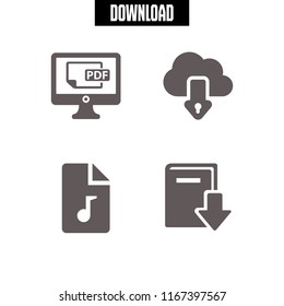 4 download vector icon set with pdf file on screen, secure download, download book and music file icons for mobile and web