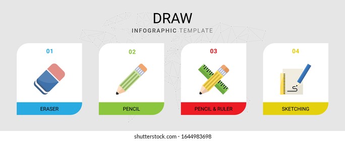4 iconos planos dibujados aislados en plantilla infográfica. Iconos con Borrador, Lápiz, Lápiz y regla, Iconos de esbozo.
