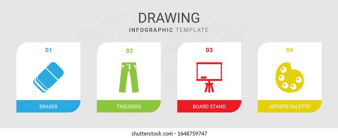 4 drawing filled icons set isolated on infographic template. Icons set with Eraser, trousers, Board stand, Artists palette icons.