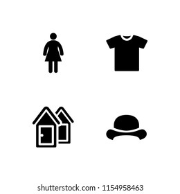 4 Dress Icons In Vector Set. Woman With Dress, Dressing Room, Bowler And T Shirt Illustration For Web And Graphic Design