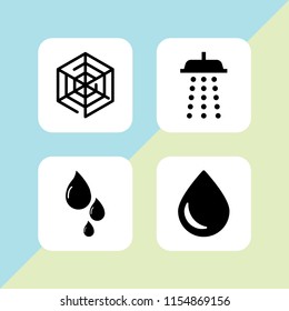 4 droplet icons in vector set. spider web, drop, water drop and shower illustration for web and graphic design
