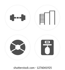 4 Dumbbell, Weight plates, Gym bars, Punching ball modern icons on round shapes, vector illustration, eps10, trendy icon set.