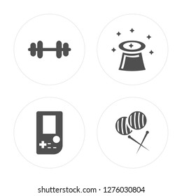4 Dumbell, Game console, Magic hat, Sewing modern icons on round shapes, vector illustration, eps10, trendy icon set.
