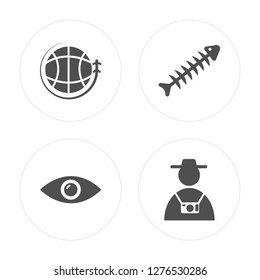 4 Earth globe, Vision, Fishbone, Guide modern icons on round shapes, vector illustration, eps10, trendy icon set.