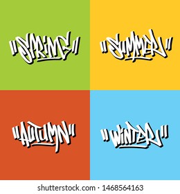 4 easons of the year. Graffiti font. Each of the seasons are presented on a corresponding bright texture.